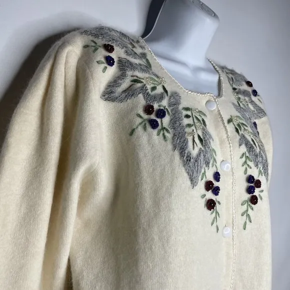 Vintage 80s Ivory Floral Embroidered Beaded Fuzzy Cardigan Sweater