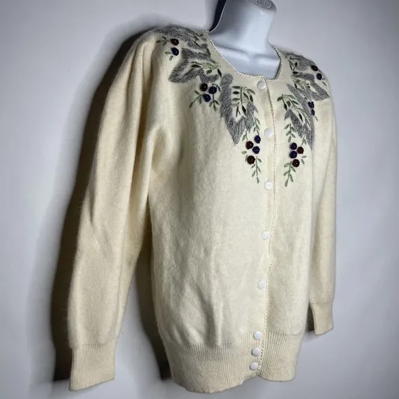 Vintage 80s Ivory Floral Embroidered Beaded Fuzzy Cardigan Sweater