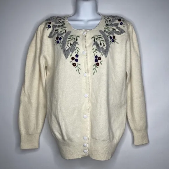 Vintage 80s Ivory Floral Embroidered Beaded Fuzzy Cardigan Sweater