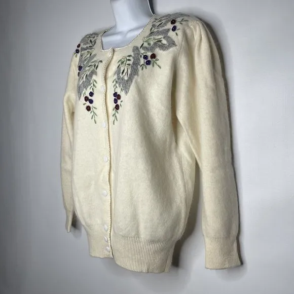 Vintage 80s Ivory Floral Embroidered Beaded Fuzzy Cardigan Sweater