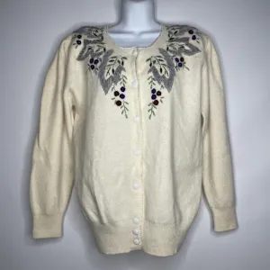Vintage 80s Ivory Floral Embroidered Beaded Fuzzy Cardigan Sweater