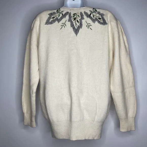 Vintage 80s Ivory Floral Embroidered Beaded Fuzzy Cardigan Sweater
