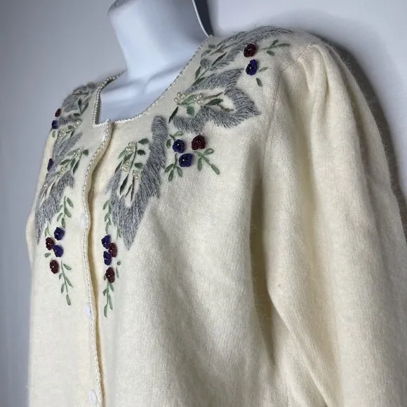 Vintage 80s Ivory Floral Embroidered Beaded Fuzzy Cardigan Sweater
