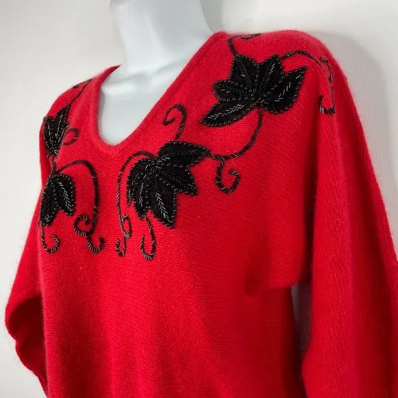 Vintage 80s Le Chois Red Angora Black Beaded Fuzzy Sweater