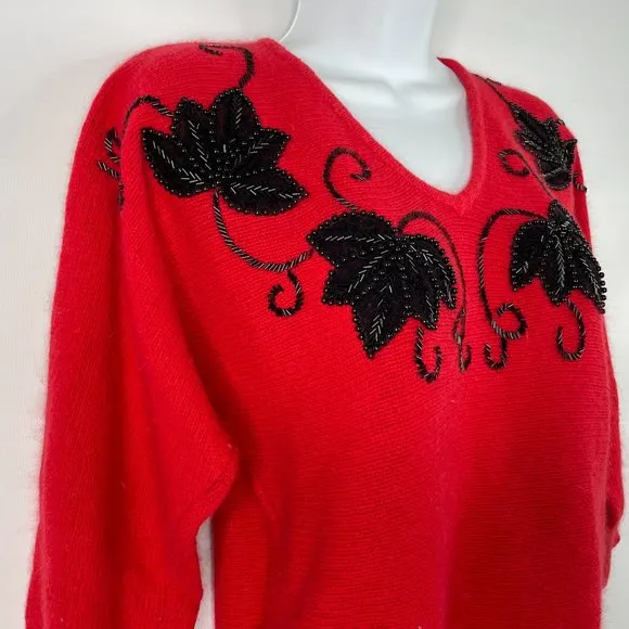Vintage 80s Le Chois Red Angora Black Beaded Fuzzy Sweater