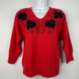 Vintage 80s Le Chois Red Angora Black Beaded Fuzzy Sweater