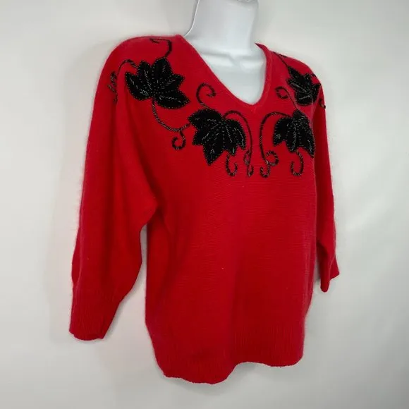 Vintage 80s Le Chois Red Angora Black Beaded Fuzzy Sweater