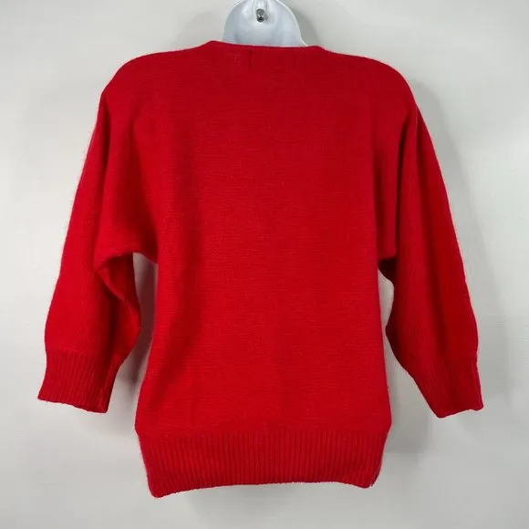 Vintage 80s Le Chois Red Angora Black Beaded Fuzzy Sweater