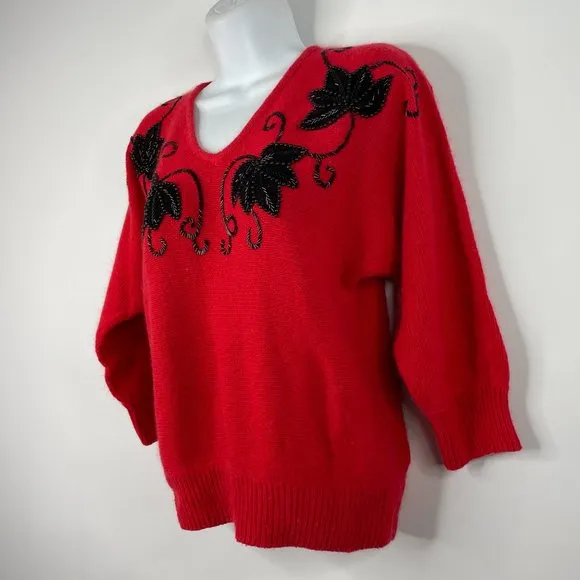 Vintage 80s Le Chois Red Angora Black Beaded Fuzzy Sweater