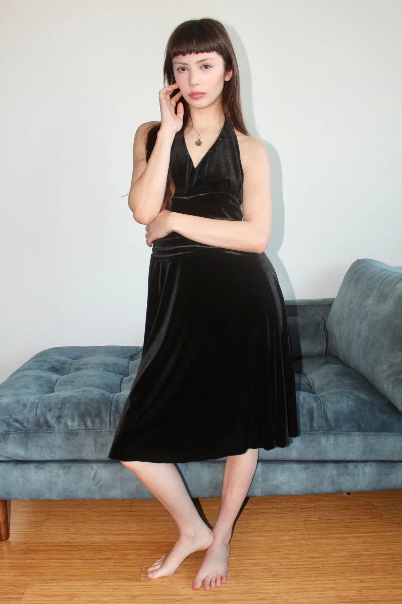 Vintage 90s Velvet Halter Midi Dress (4-6)