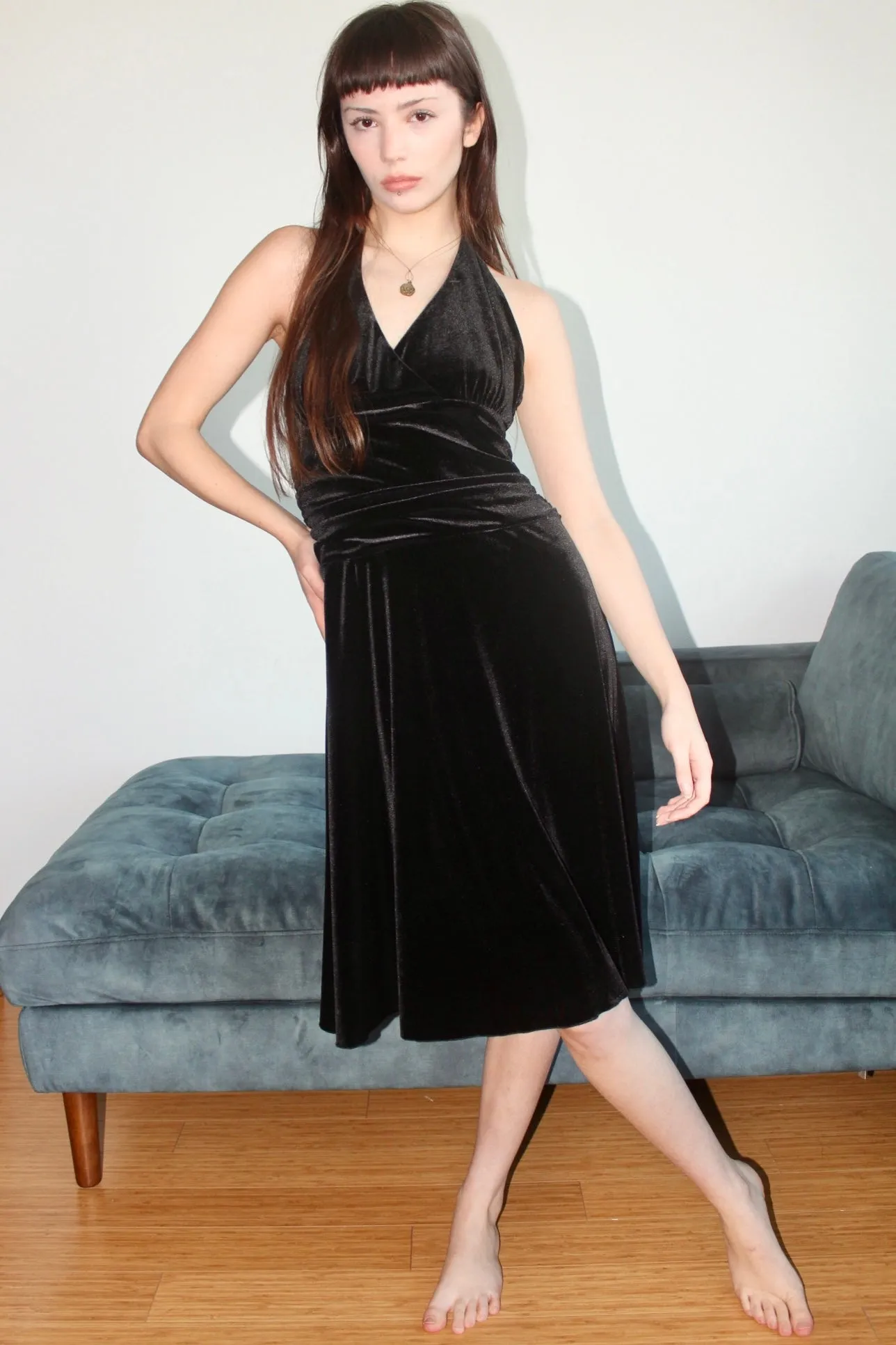 Vintage 90s Velvet Halter Midi Dress (4-6)