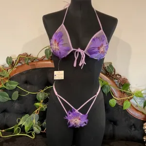 Vintage Bisque Dancer Flower feather string Bra &amp; Panties Set Size S Purple