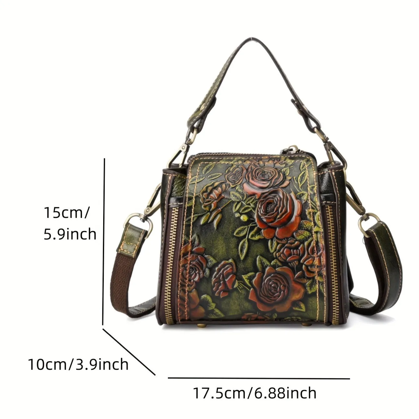 Vintage Genuine Leather Crossbody Bag – Embossed Floral Design