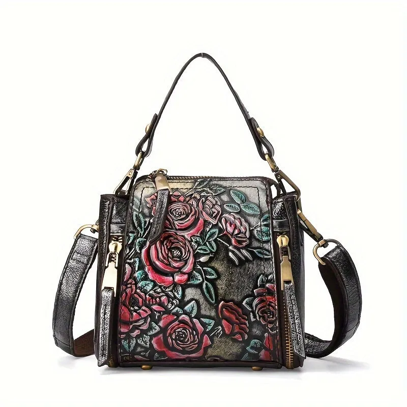 Vintage Genuine Leather Crossbody Bag – Embossed Floral Design