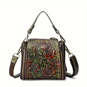 Vintage Genuine Leather Crossbody Bag – Embossed Floral Design