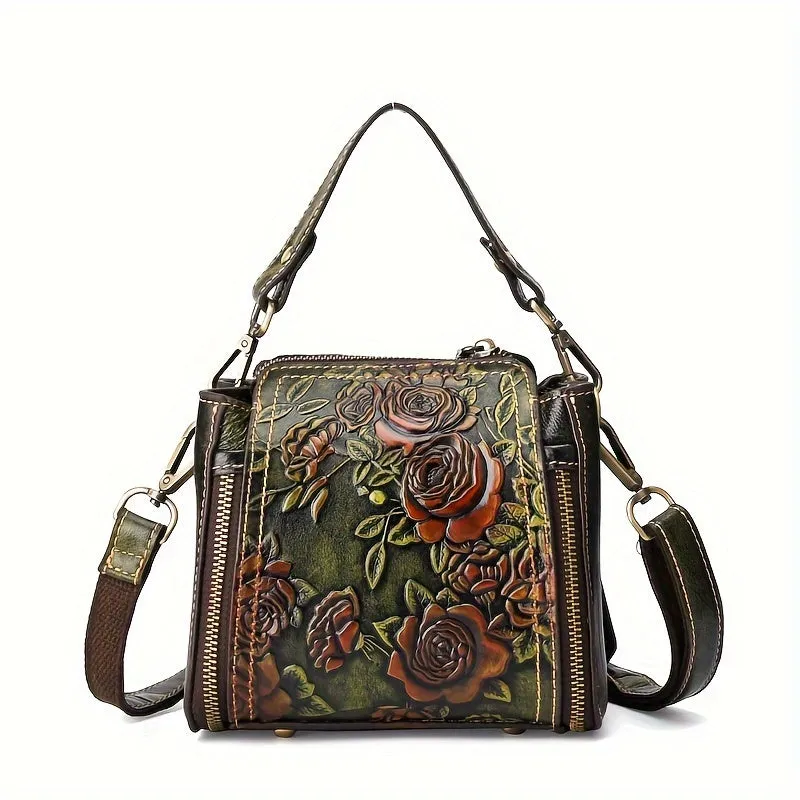 Vintage Genuine Leather Crossbody Bag – Embossed Floral Design