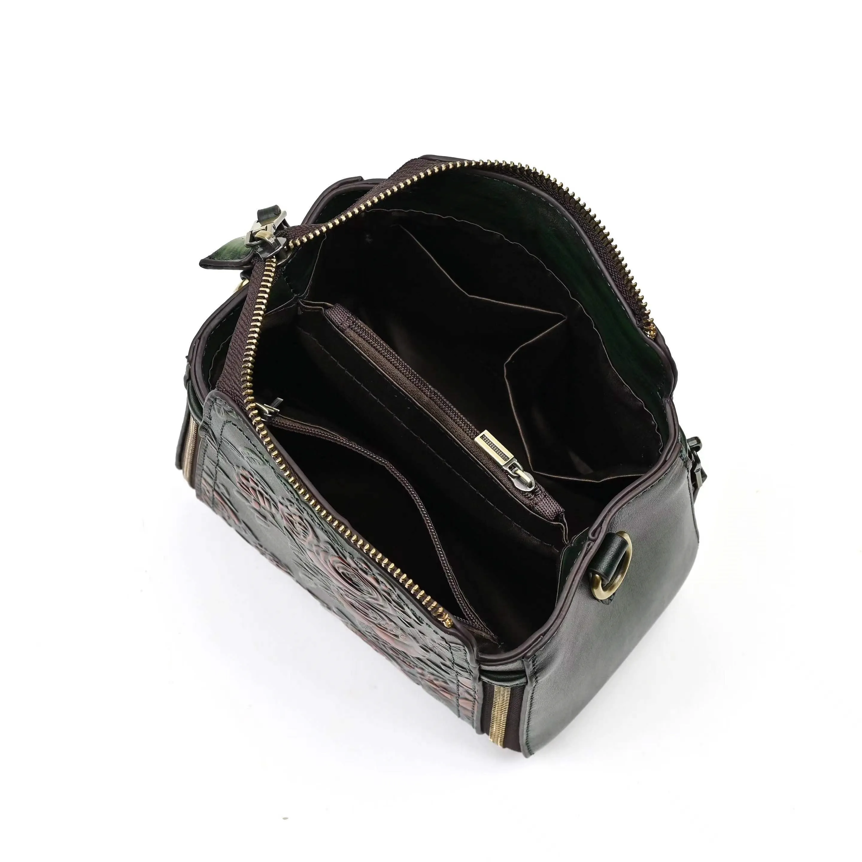 Vintage Genuine Leather Crossbody Bag – Embossed Floral Design