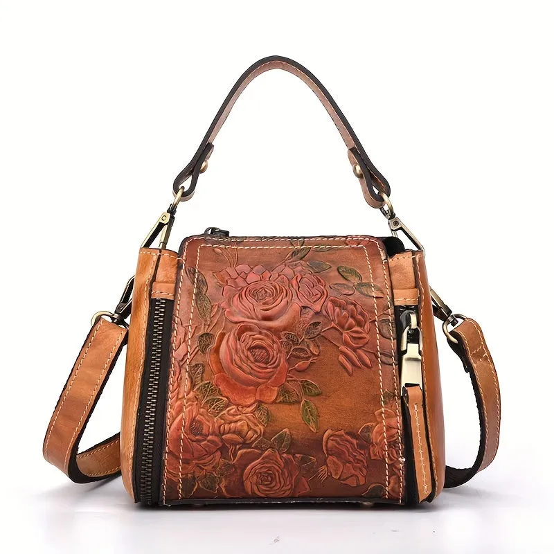 Vintage Genuine Leather Crossbody Bag – Embossed Floral Design