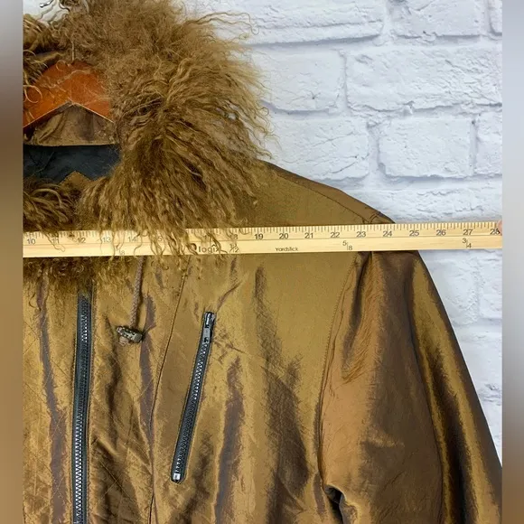 Vintage Greg Bell Gold Bronze Parachute Coat Tibet Lamb Fur Hood Medium 90’s