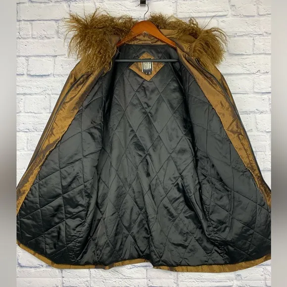 Vintage Greg Bell Gold Bronze Parachute Coat Tibet Lamb Fur Hood Medium 90’s