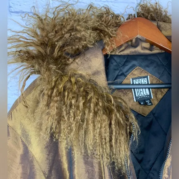 Vintage Greg Bell Gold Bronze Parachute Coat Tibet Lamb Fur Hood Medium 90’s