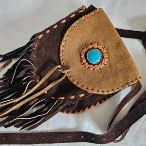 Vintage Handcrafted Suede Fringe Bag with Turquoise Accent