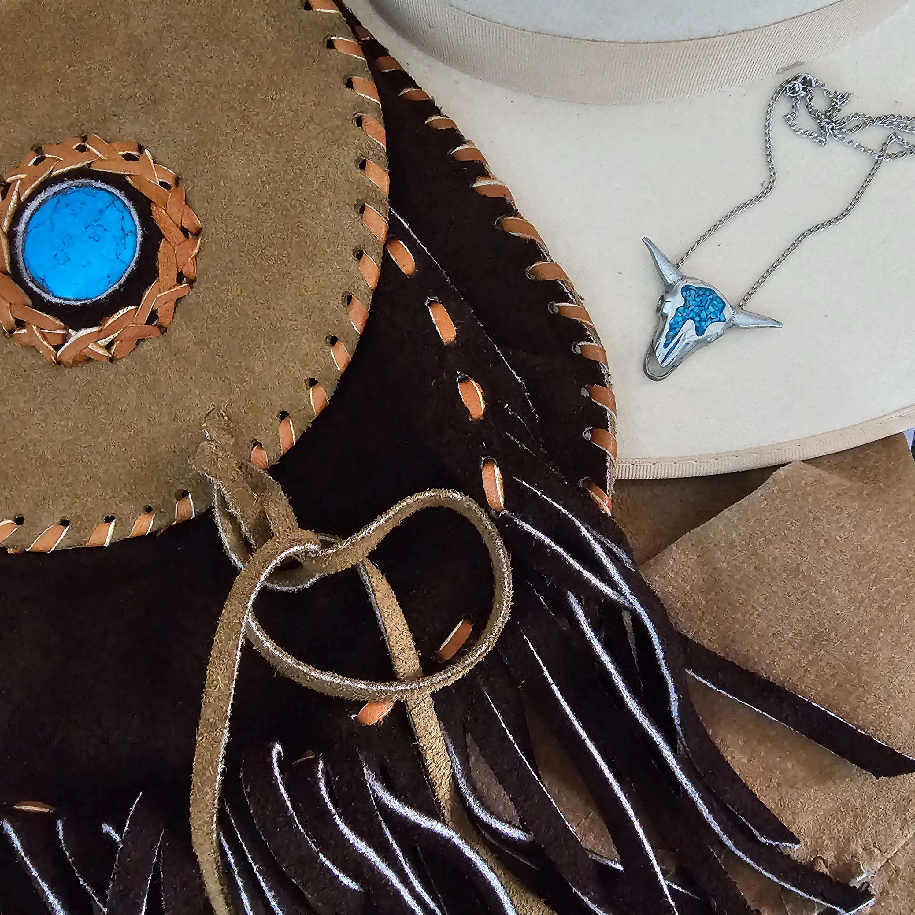Vintage Handcrafted Suede Fringe Bag with Turquoise Accent