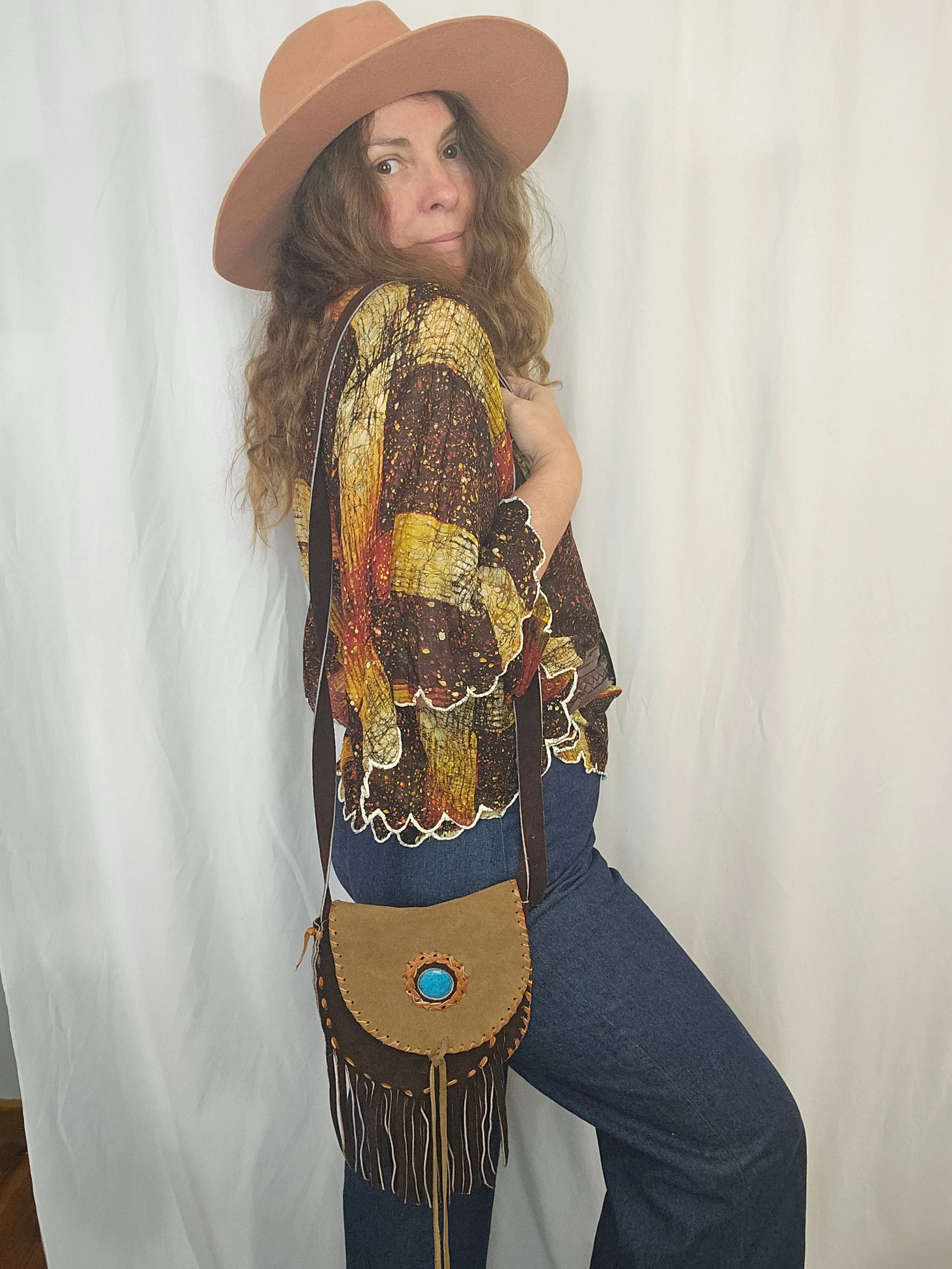 Vintage Handcrafted Suede Fringe Bag with Turquoise Accent