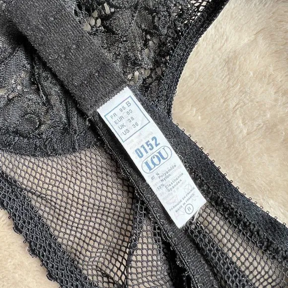 Vintage Lou Bra from Paris, France Lace Underwire Black Fishnet Bra NWT