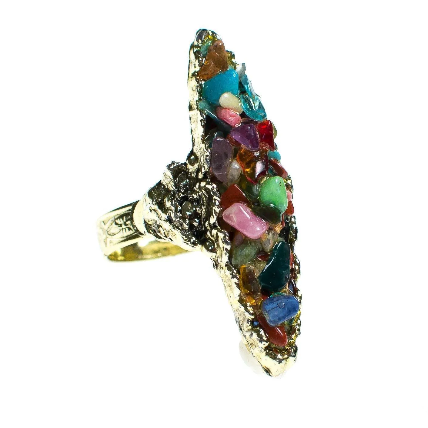 Vintage Mid Century Modern Speckled Rainbow Gemstone Statement Ring