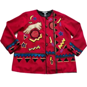 VTG 80s Red Wolf Sun &amp; Moon Embroidered Southwestern Jacket M Festival