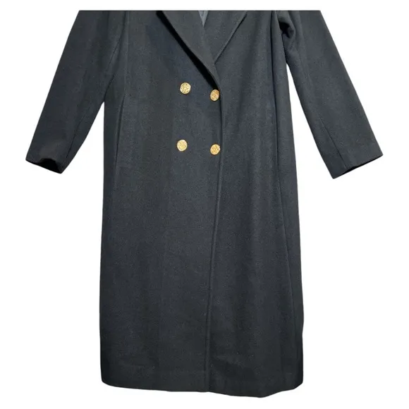 Vtg Spencer Douglas Black Full Length Long Wool Coat Decorative Gold Buttons 10