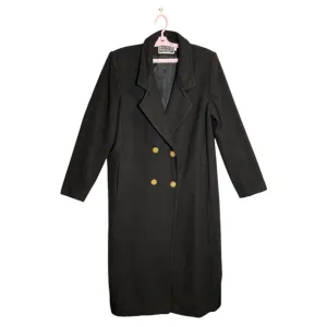 Vtg Spencer Douglas Black Full Length Long Wool Coat Decorative Gold Buttons 10