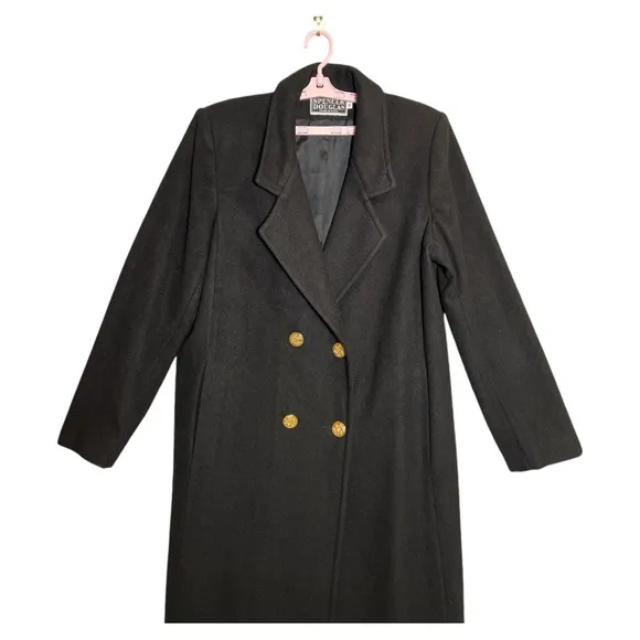 Vtg Spencer Douglas Black Full Length Long Wool Coat Decorative Gold Buttons 10
