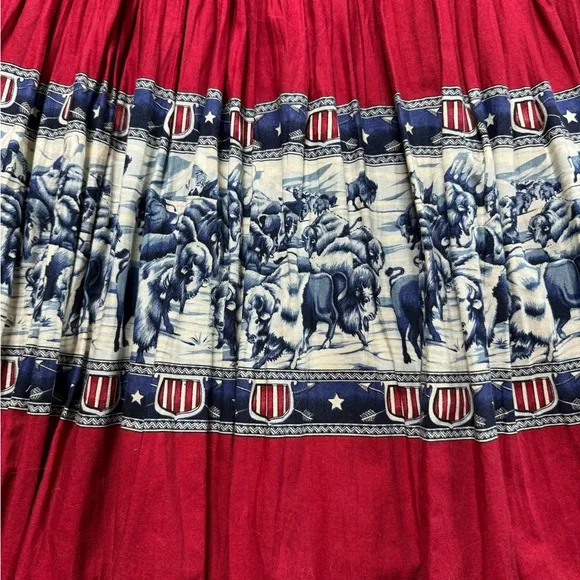 VTG Western Red Buffalo Print Cowgirl Broomstick Midi Skirt M