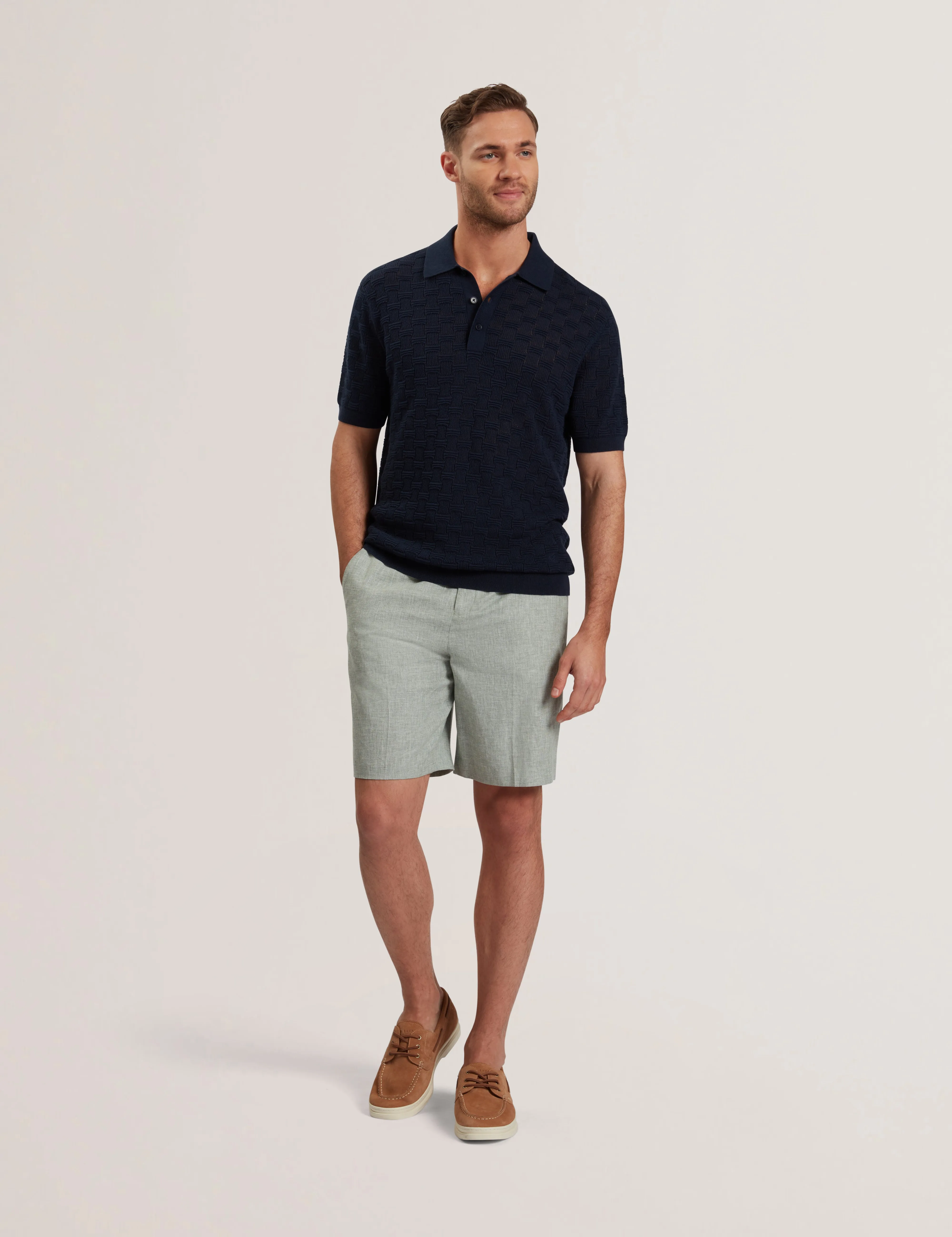Waterby Short Sleeve Textured Silk Cotton Polo Shirt   Mid-Navy