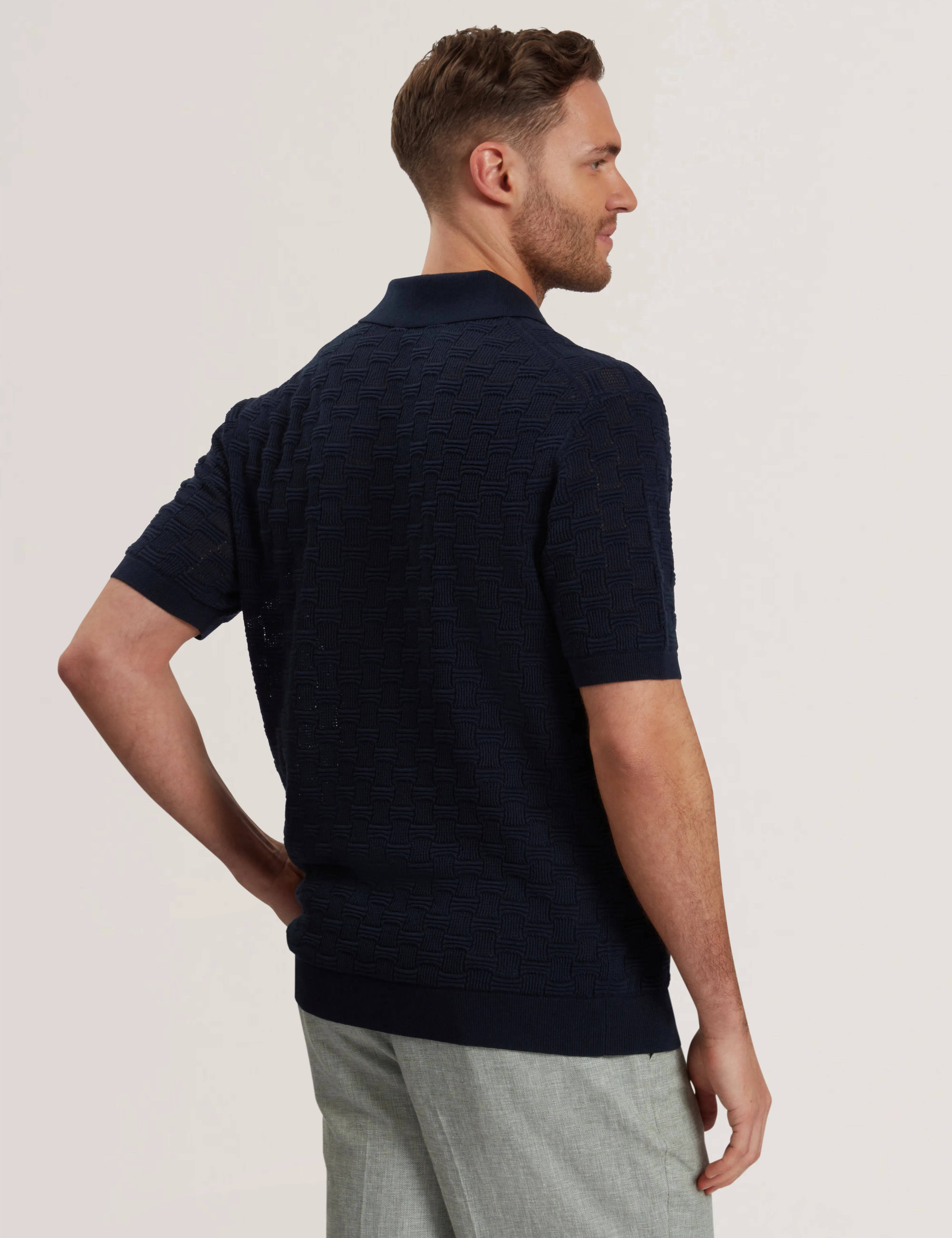 Waterby Short Sleeve Textured Silk Cotton Polo Shirt   Mid-Navy