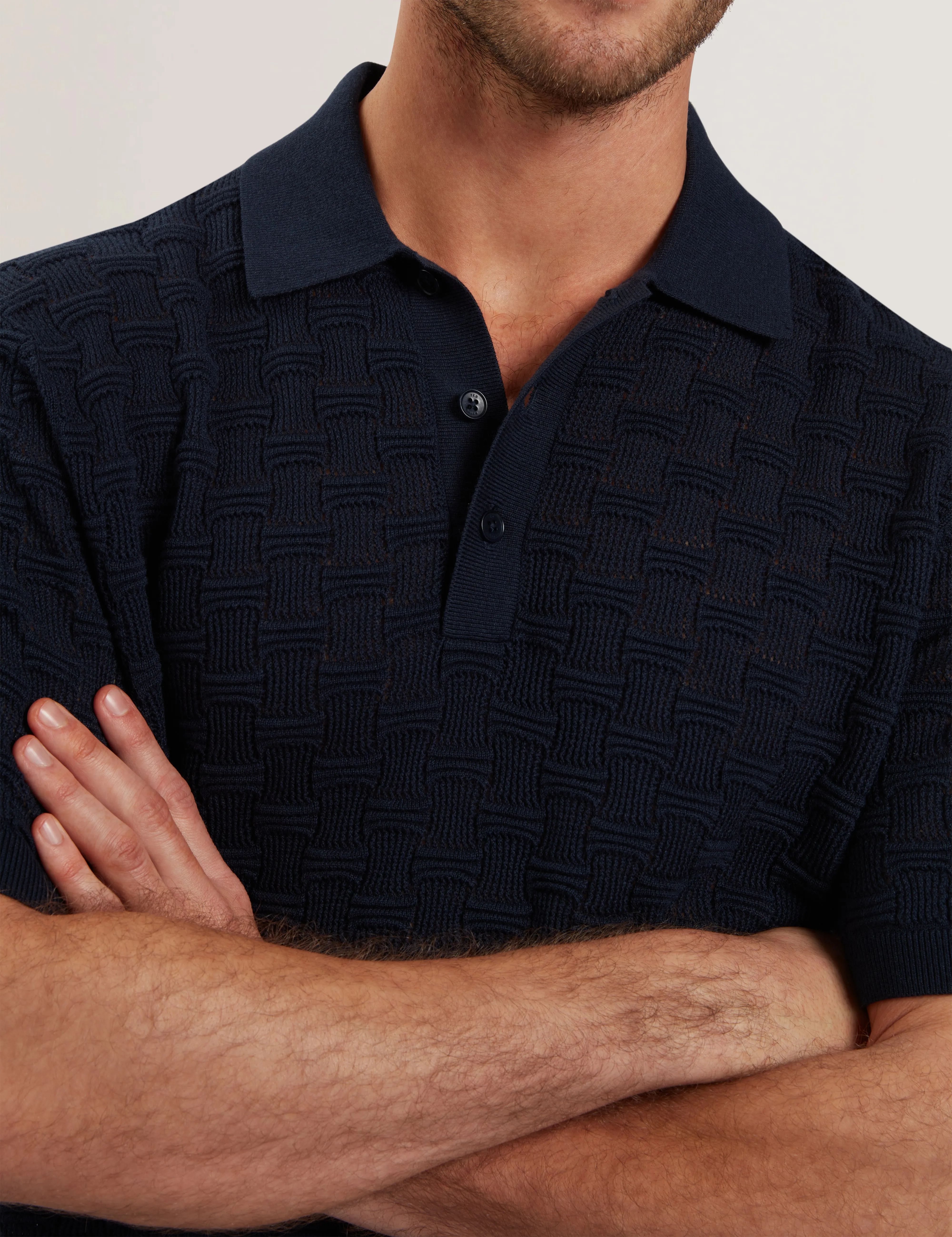 Waterby Short Sleeve Textured Silk Cotton Polo Shirt   Mid-Navy