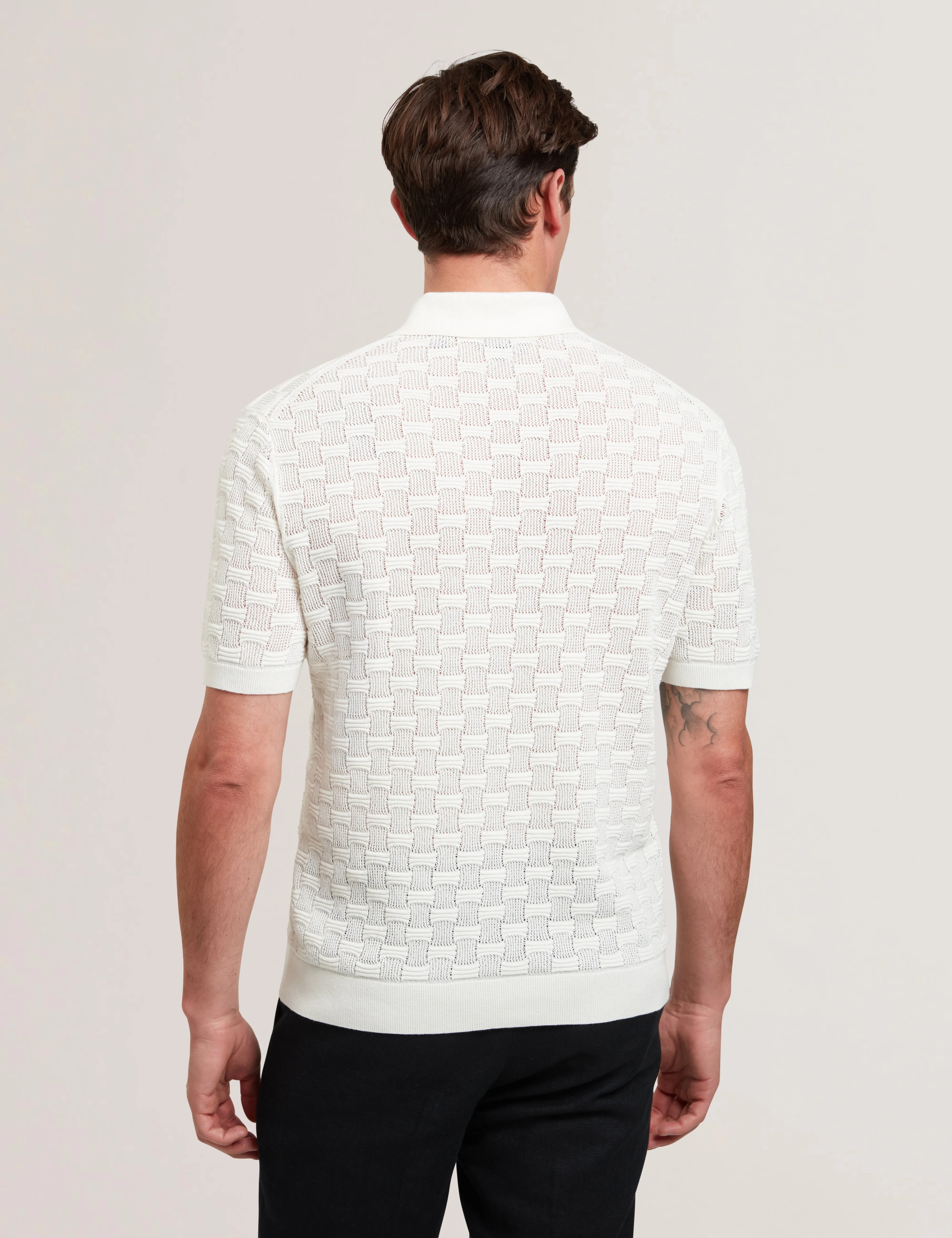 Waterby Short Sleeve Textured Silk Cotton Polo Shirt   White