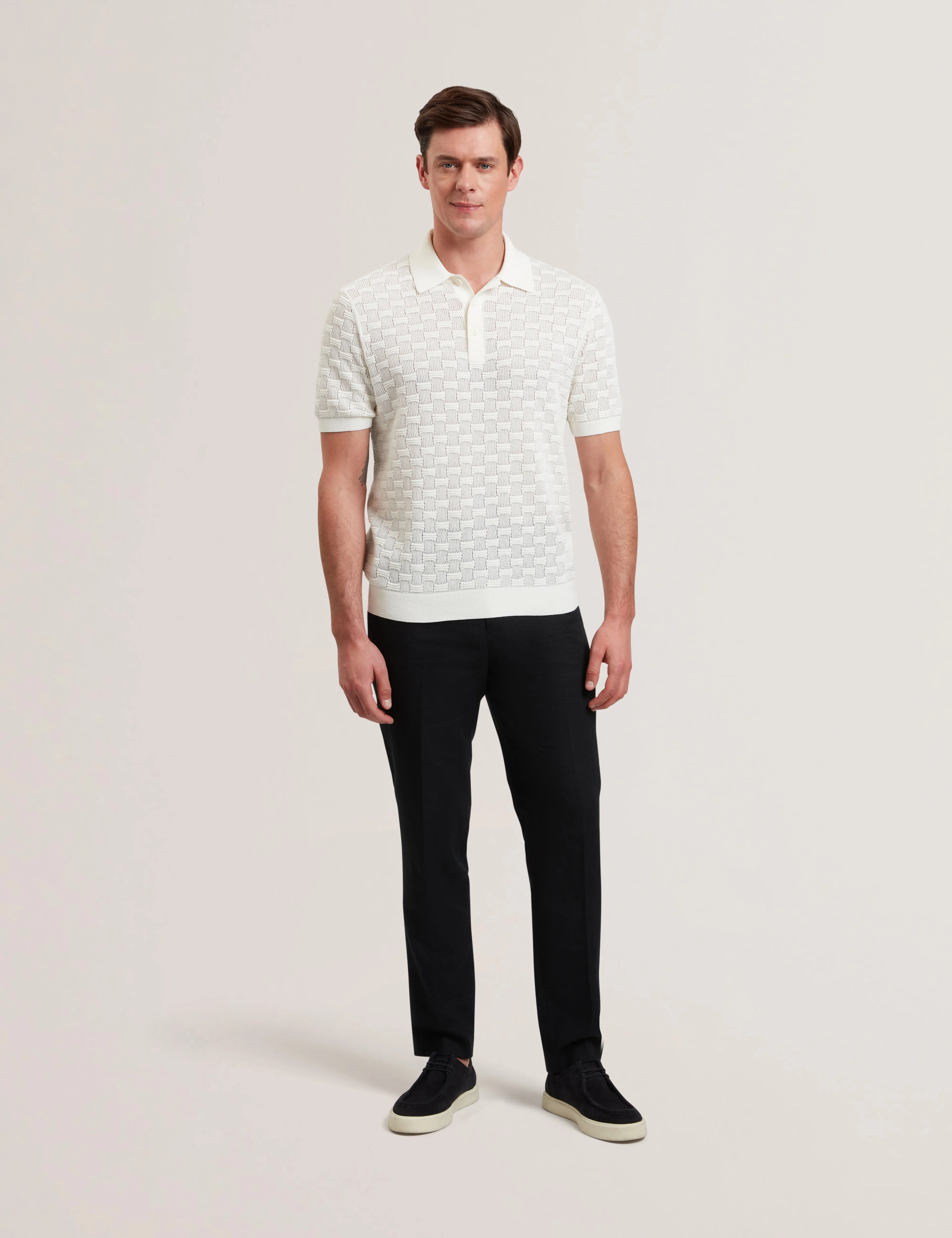 Waterby Short Sleeve Textured Silk Cotton Polo Shirt   White