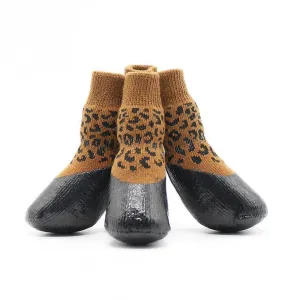 Waterproof Rubber Bottom Brown & Black Leopard Dog Pet Socks
