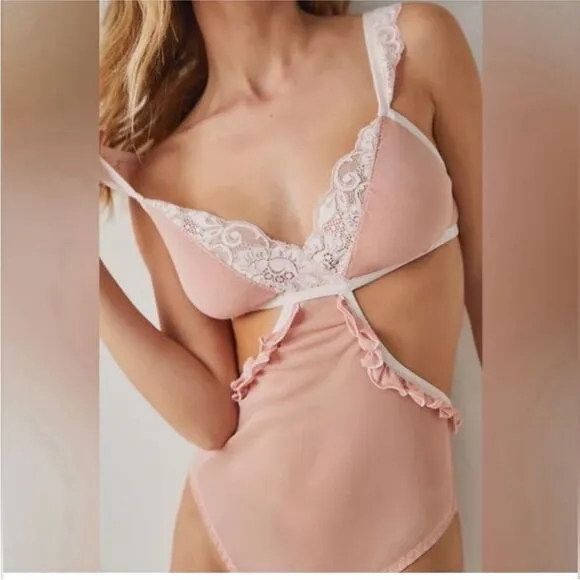 We Are HAH X Free People Women's Key to Ur Heart Sheer Bodysuit Dusty Rose NWT