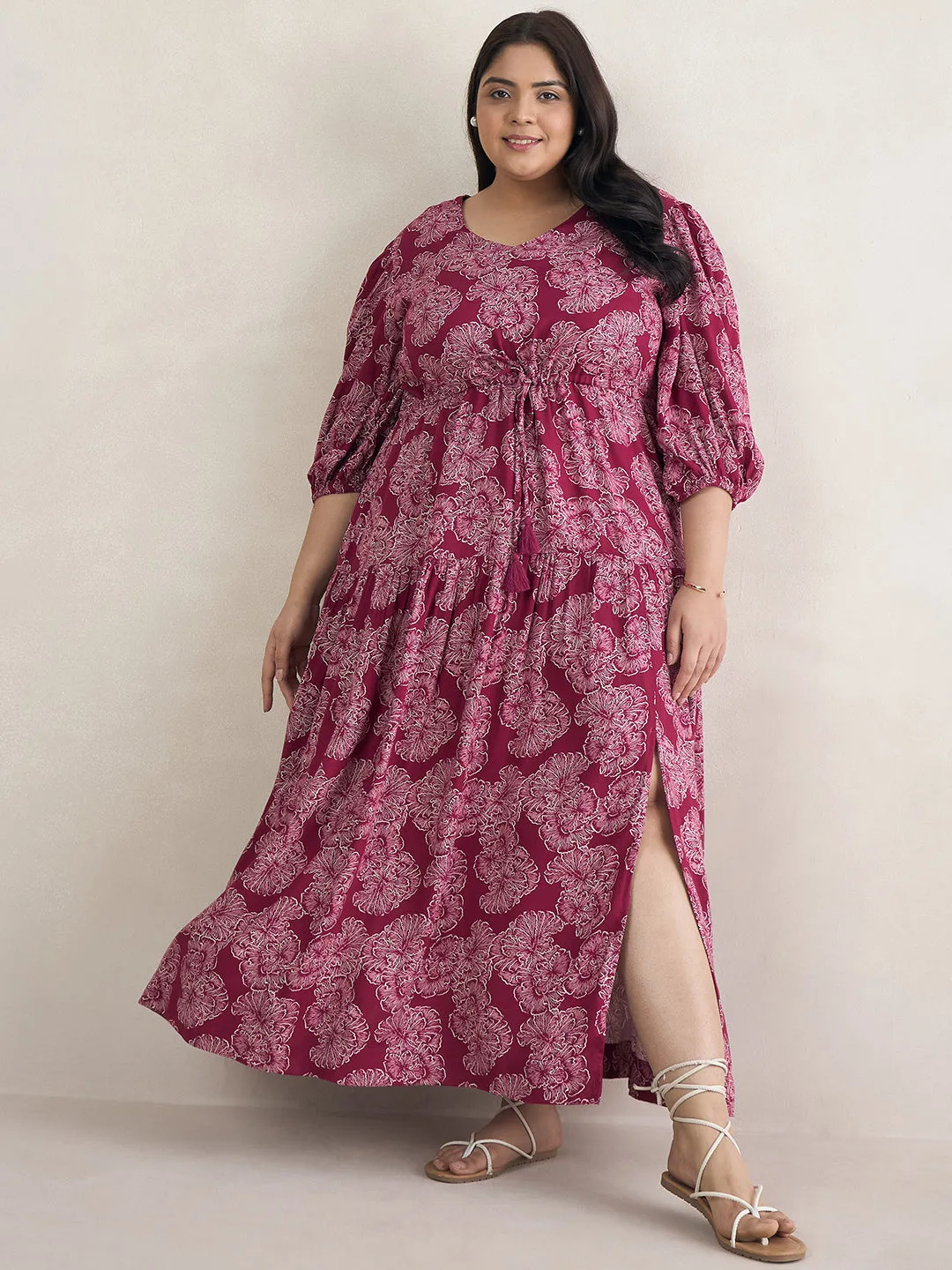Wine Floral Print Slit Maxi Dress