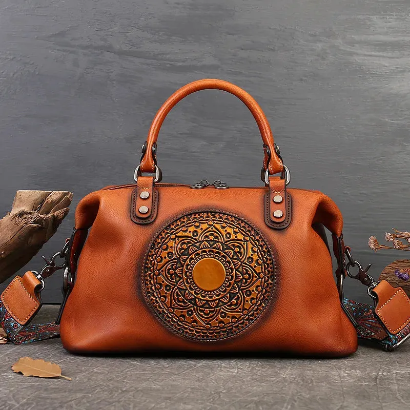 Women's Embossed Leather Handbag Duffel Bag - Brown/Coffee/Deep Blue/Red