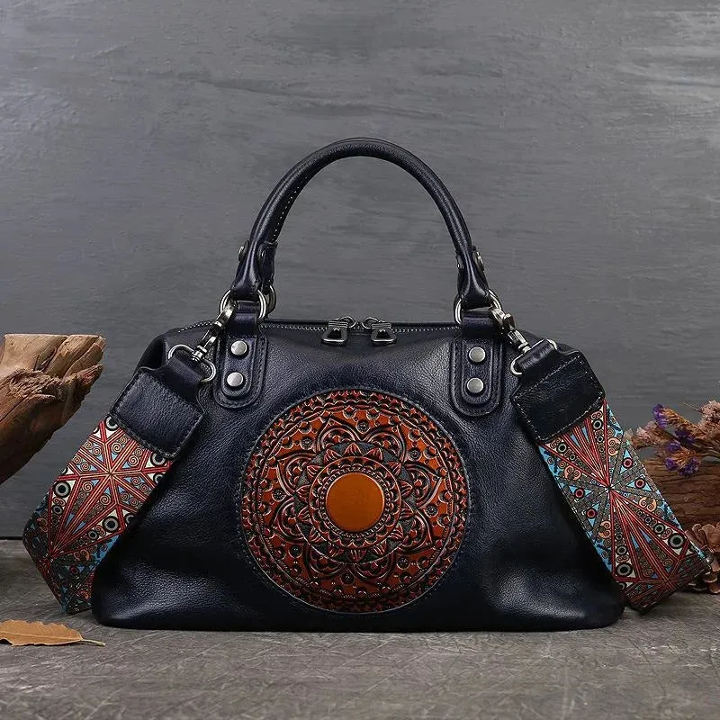 Women's Embossed Leather Handbag Duffel Bag - Brown/Coffee/Deep Blue/Red