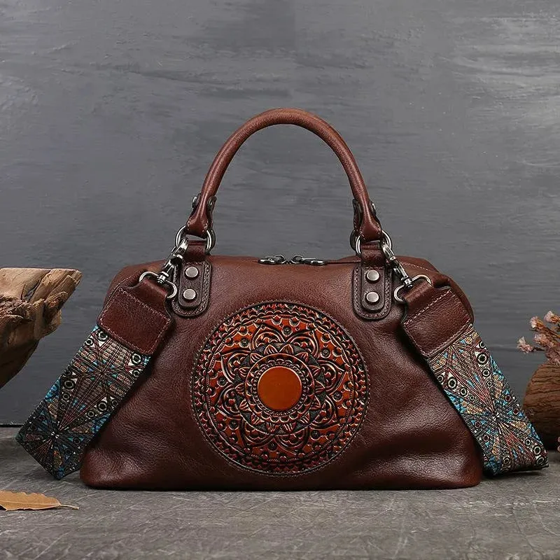 Women's Embossed Leather Handbag Duffel Bag - Brown/Coffee/Deep Blue/Red