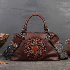 Women's Embossed Leather Handbag Duffel Bag - Brown/Coffee/Deep Blue/Red