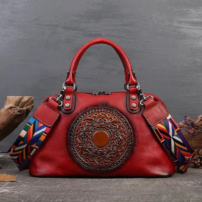 Women's Embossed Leather Handbag Duffel Bag - Brown/Coffee/Deep Blue/Red