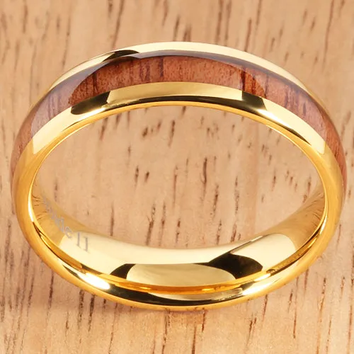 Yellow Gold Tungsten Natural Hawaiian Koa Wood Inlay Tungsten Dome Wedding Ring 6mm